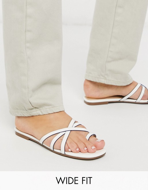 London Rebel wide fit toe loop strappy mule sandals in white