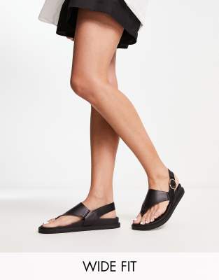 London Rebel Wide Fit toe thong footbed sandals in black