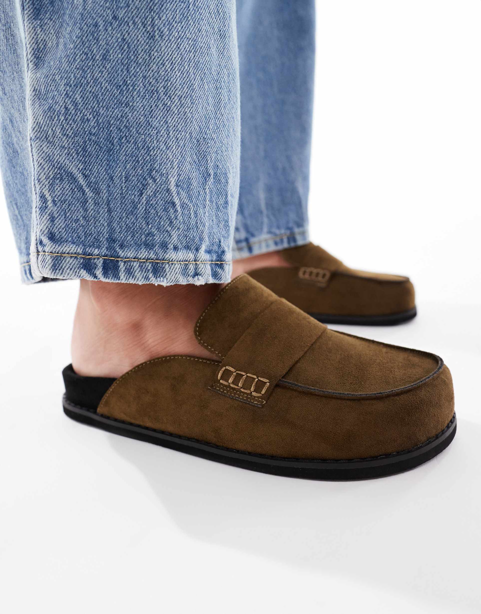 london rebel wide fit violet slip on mules in olive suedette