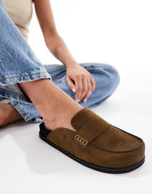 London Rebel Wide Fit Violet slip on mules in olive suedette