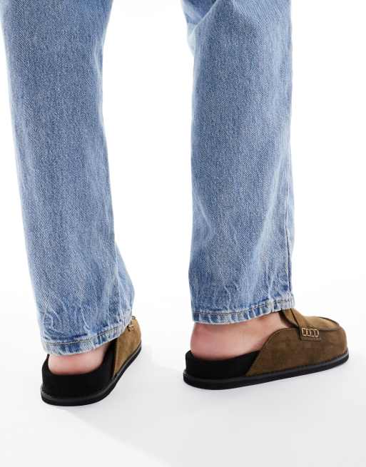 London Rebel Wide Fit Violet slip on mules in olive suedette
