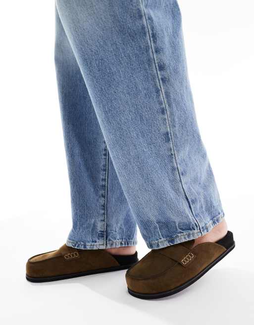London Rebel Wide Fit Violet slip on mules in olive suedette