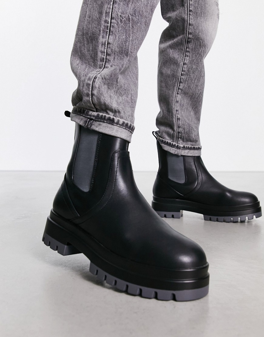 London Rebel X chunky mid calf chelsea boots with contrast sole in black/gray