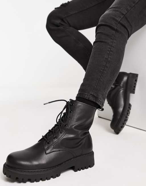 London Rebel X chunky mid calf lace up boots in black