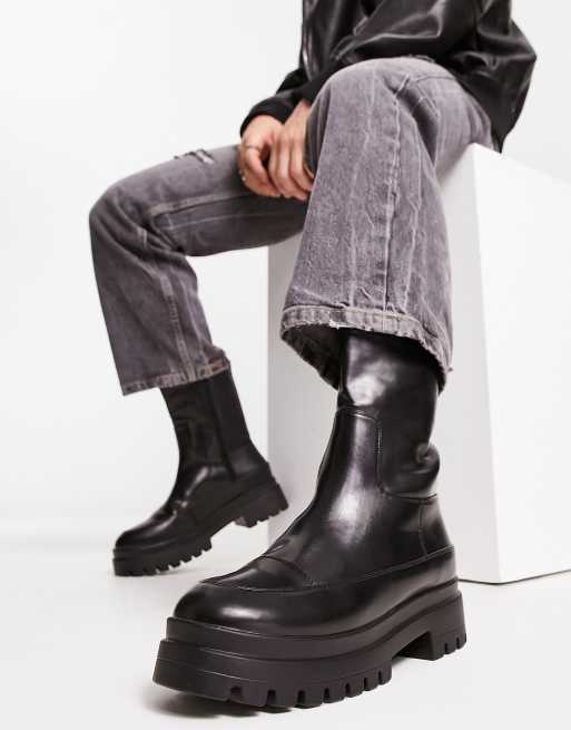 London Rebel X chunky mid calf pull on boots in black | ASOS