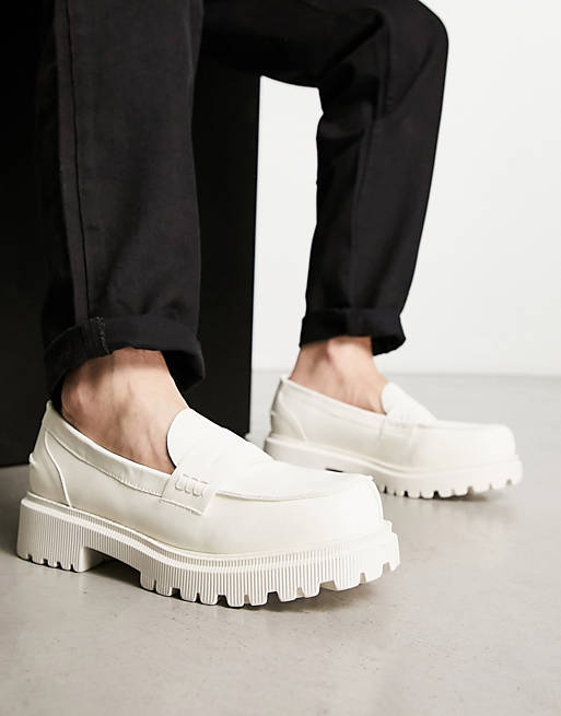 London Rebel X cleated sole chunky penny loafers in cream | ASOS