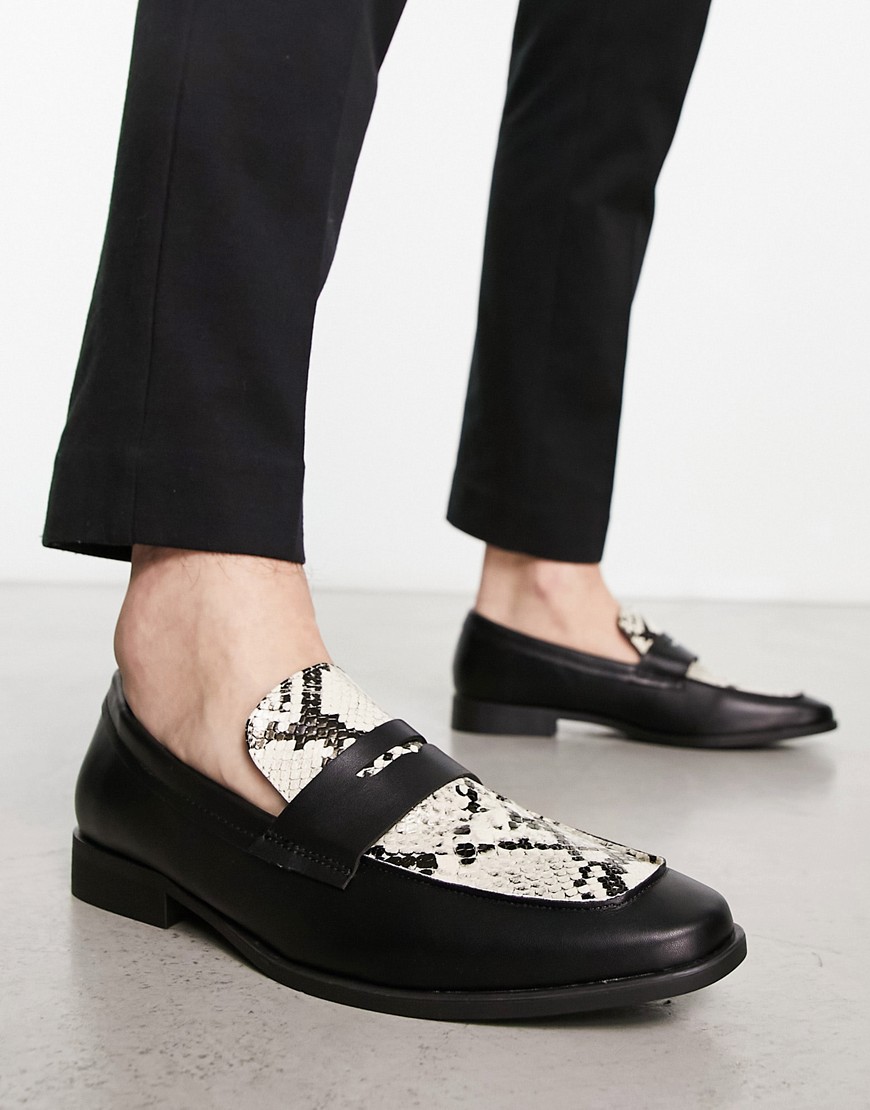 London Rebel X faux leather penny loafers in snake print-Black