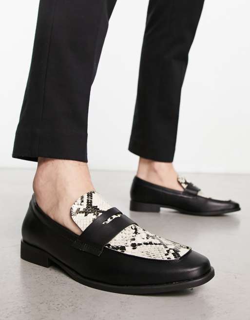 London Rebel faux leather penny loafers in snake print ASOS