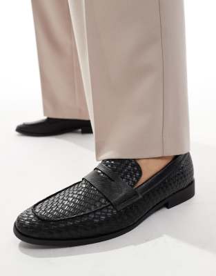 faux leather woven loafers in black