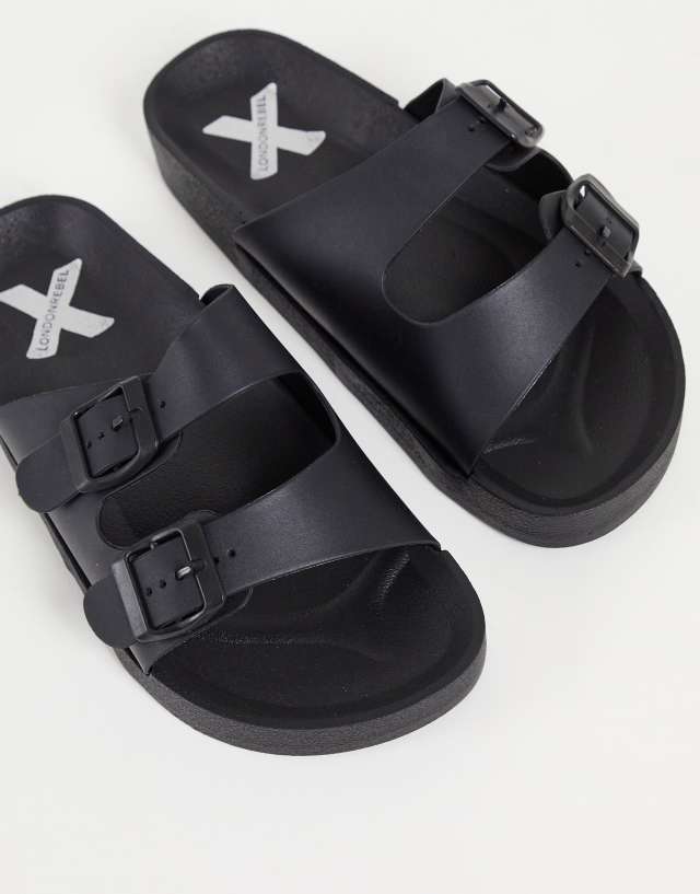 London Rebel X jelly buckle sliders in black