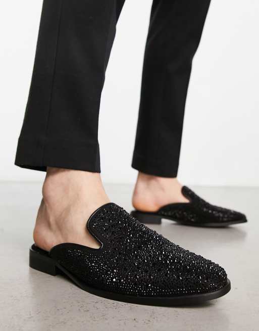 London Rebel X – Mules-Slipper in Schwarz mit Strassverzierung