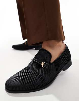 London Rebel X Wide Fit Bar Loafers In Black Velvet