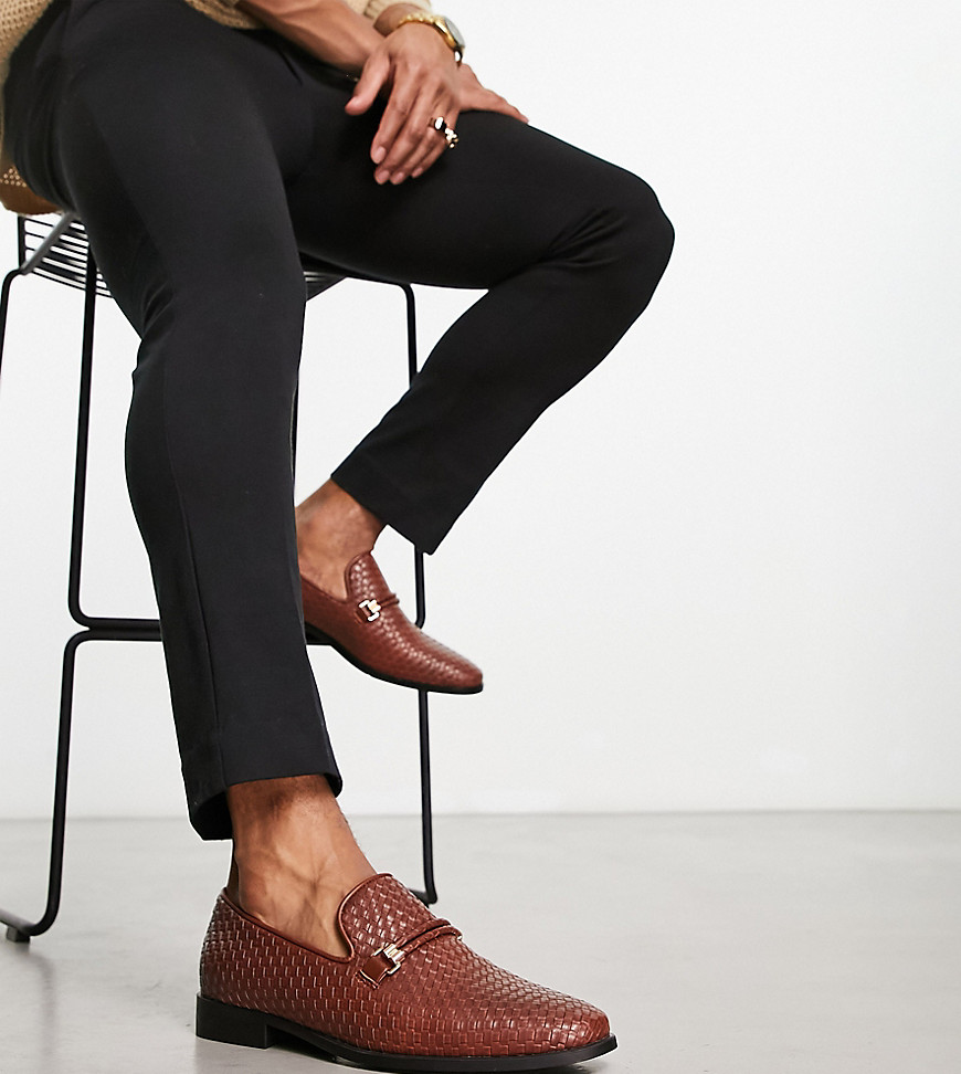 London Rebel X wide fit bar loafers in tan woven-Brown