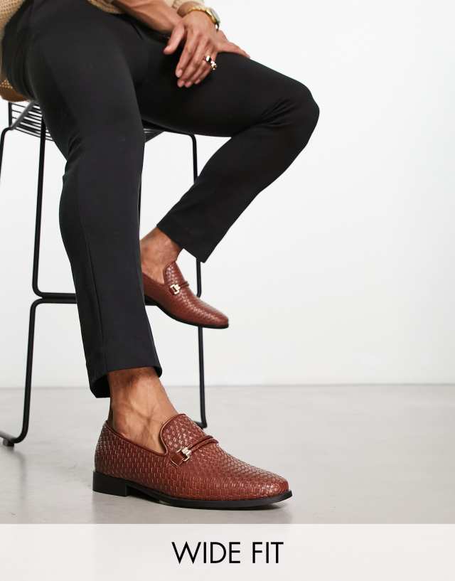 London Rebel X wide fit bar loafers in tan woven