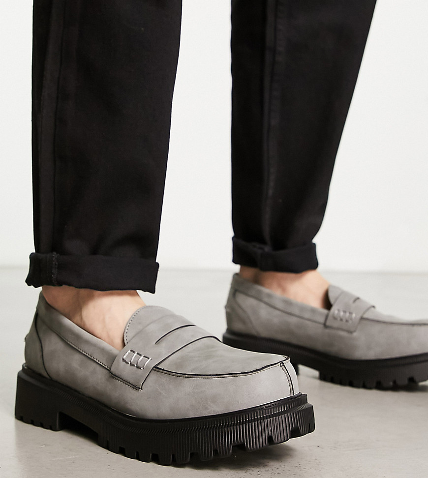 London Rebel X wide fit cleated sole chunky penny loafers in grey