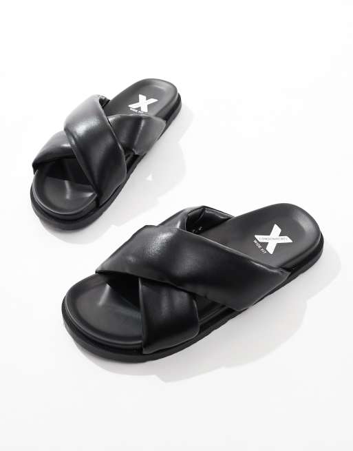 London Rebel X Wide Fit cross strap sliders in black