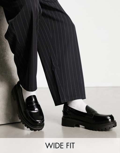 London Rebel x Wide Fit – Czarne loafersy penny na podeszwie z bieżnikiem