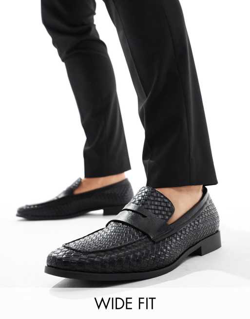 London Rebel X Wide Fit – Czarne plecione loafersy z imitacji skóry