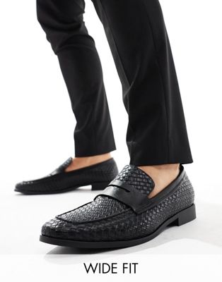 wide fit faux leather woven loafers in black