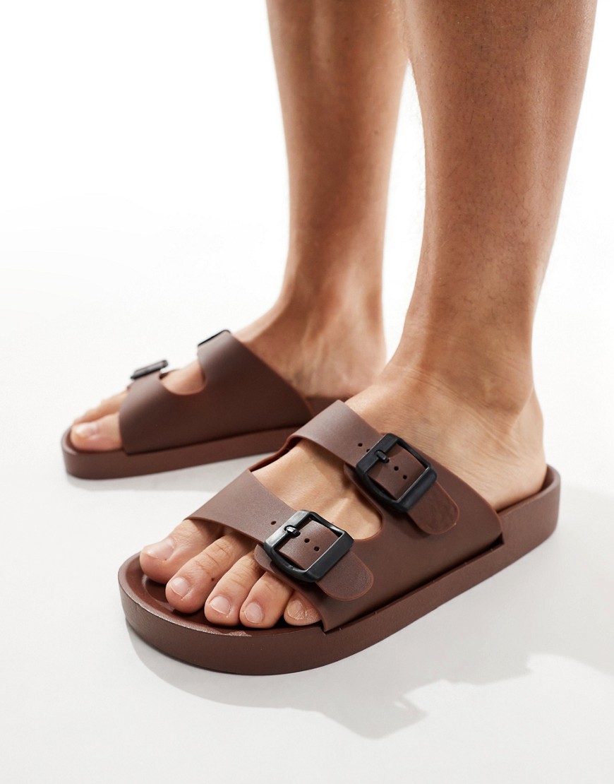 wide fit jelly buckle slides in tan-Brown