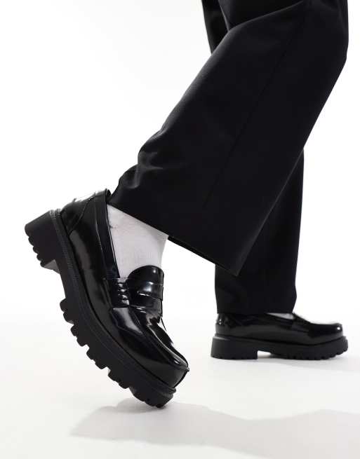 London Rebel x Wide Fit – Penny Loafer zum Hineinschlüpfen in Schwarz mit dicker Profilsohle