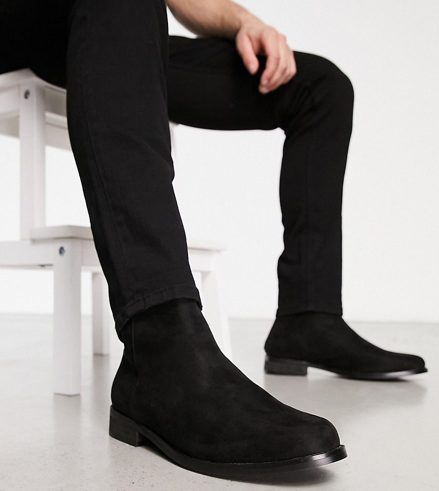 London Rebel X wide fit smart formal ankle boots in black faux suede