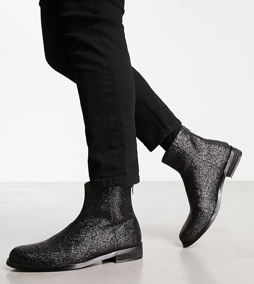 London Rebel X Wide Fit Smart Formal Ankle Boots In Black Fine Glitter