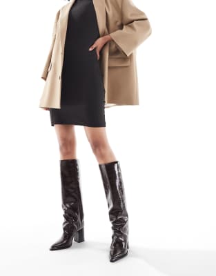 London Rebel Zoe Slouchy Block Heel Knee Boots In Brown
