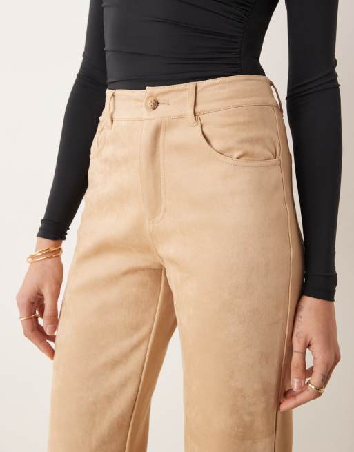 Long Legs London high waisted faux suede trousers in beige, 3 of 5