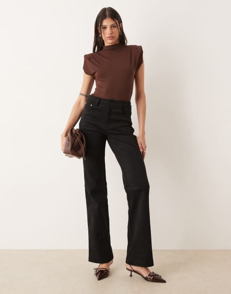Long Legs London high waisted faux suede trousers in black - view 1