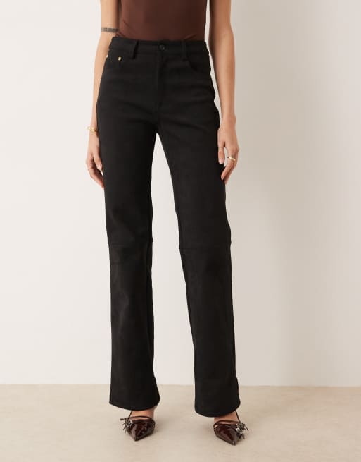 Long Legs London high waisted faux suede trousers in black, 4 of 5
