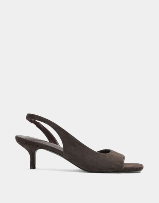 Long Tall Sally Asymmetric slingback kitten heels in brown, 3 of 4