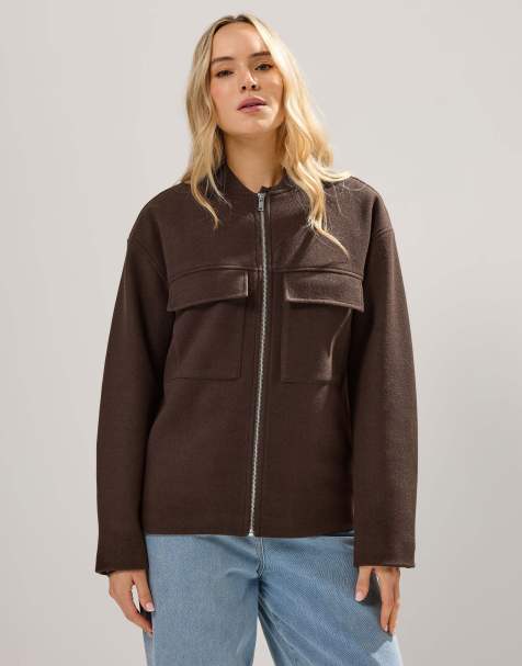 Long Tall Sally Brushed pocket bomber jacket in brown - view 1
