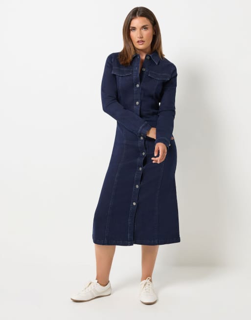 Long Tall Sally Button denim midi dress in blue, 2 of 4