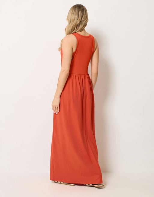Long Tall Sally Button detail cotton maxi dress in orange, 3 of 4