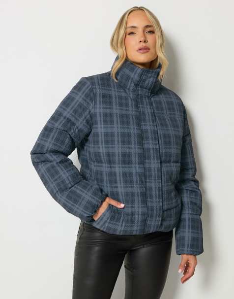 Long Tall Sally Check crinkle padded coat in blue - view 1