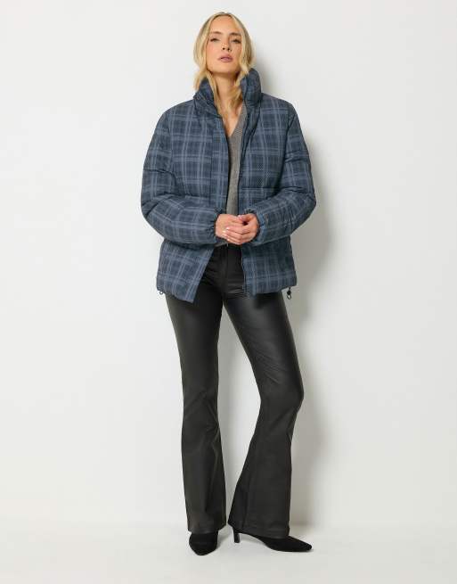 Long Tall Sally Check crinkle padded coat in blue, 3 of 4