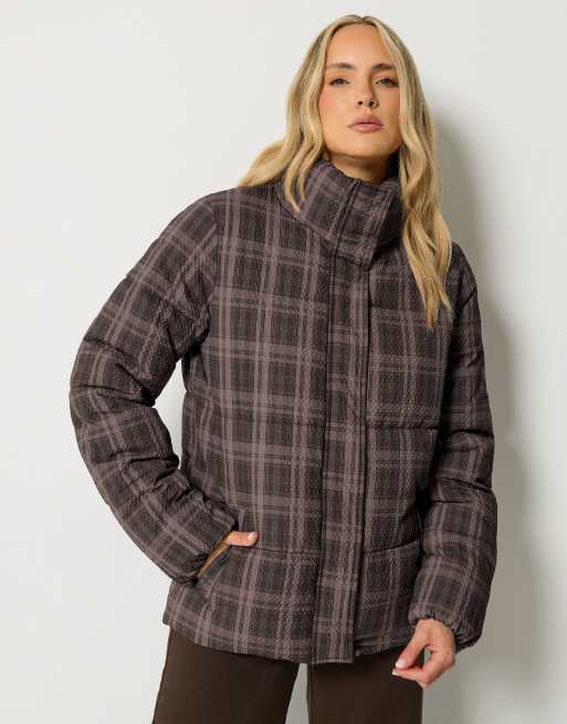 Long Tall Sally Check crinkle padded coat in brown, 2 of 4