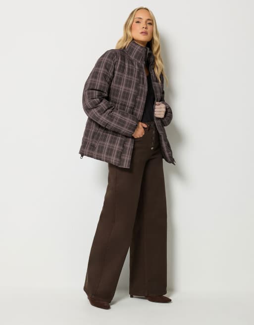 Long Tall Sally Check crinkle padded coat in brown, 3 of 4