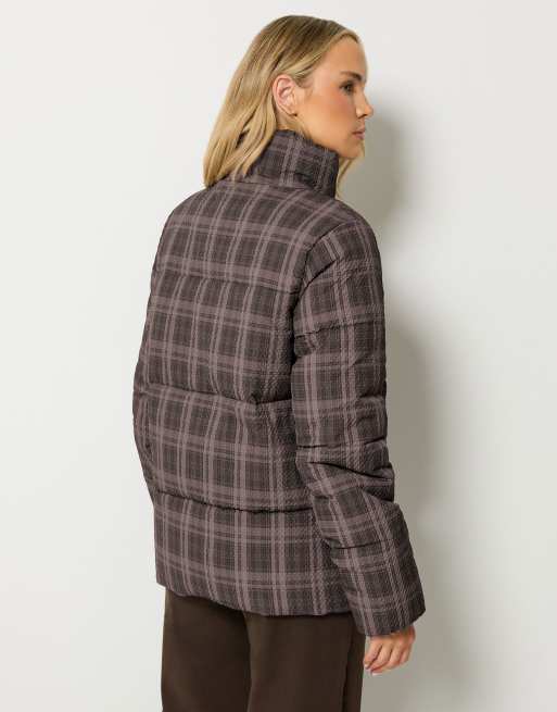 Long Tall Sally Check crinkle padded coat in brown, 4 of 4