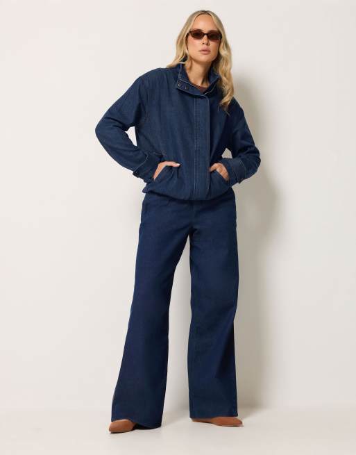 Long Tall Sally Denim funnel neck bomber jacket in blue, 2 of 4