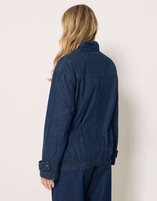 Long Tall Sally Denim funnel neck bomber jacket in blue, 3 of 4