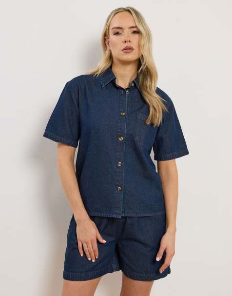 Long Tall Sally Denim short sleeve shirt in blue - view 1