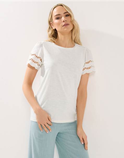 Long Tall Sally Embroidered sleeve t-shirt in ivory - view 1