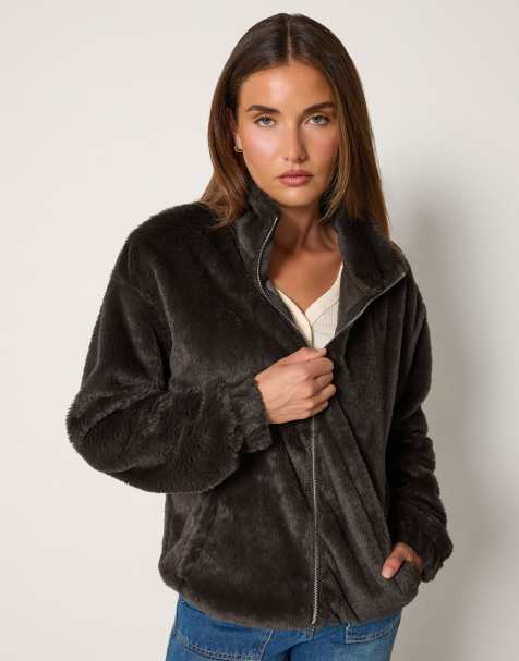 Long Tall Sally Faux fur zip jacket in brown - view 1