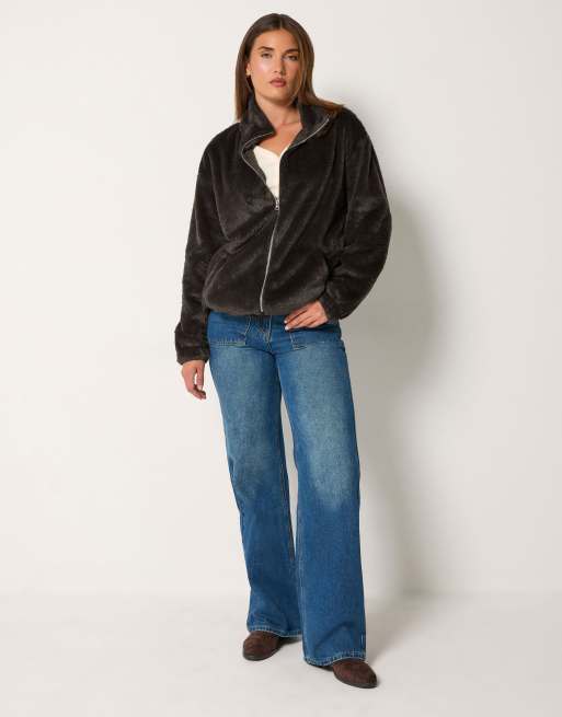 Long Tall Sally Faux fur zip jacket in brown, 2 of 4