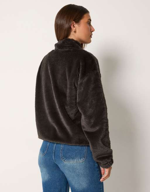 Long Tall Sally Faux fur zip jacket in brown, 3 of 4