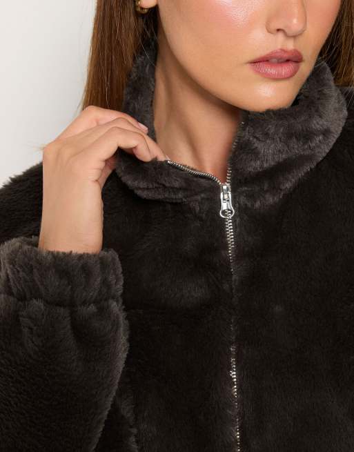 Long Tall Sally Faux fur zip jacket in brown, 4 of 4