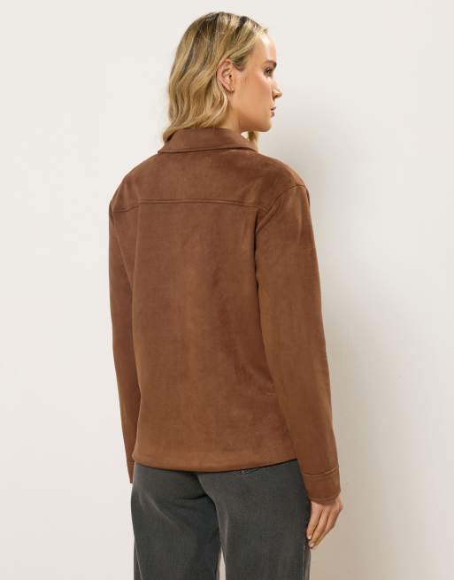 Long Tall Sally Faux suede trucker jacket in brown, 3 of 4