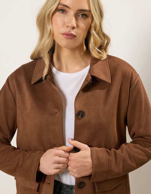 Long Tall Sally Faux suede trucker jacket in brown, 4 of 4